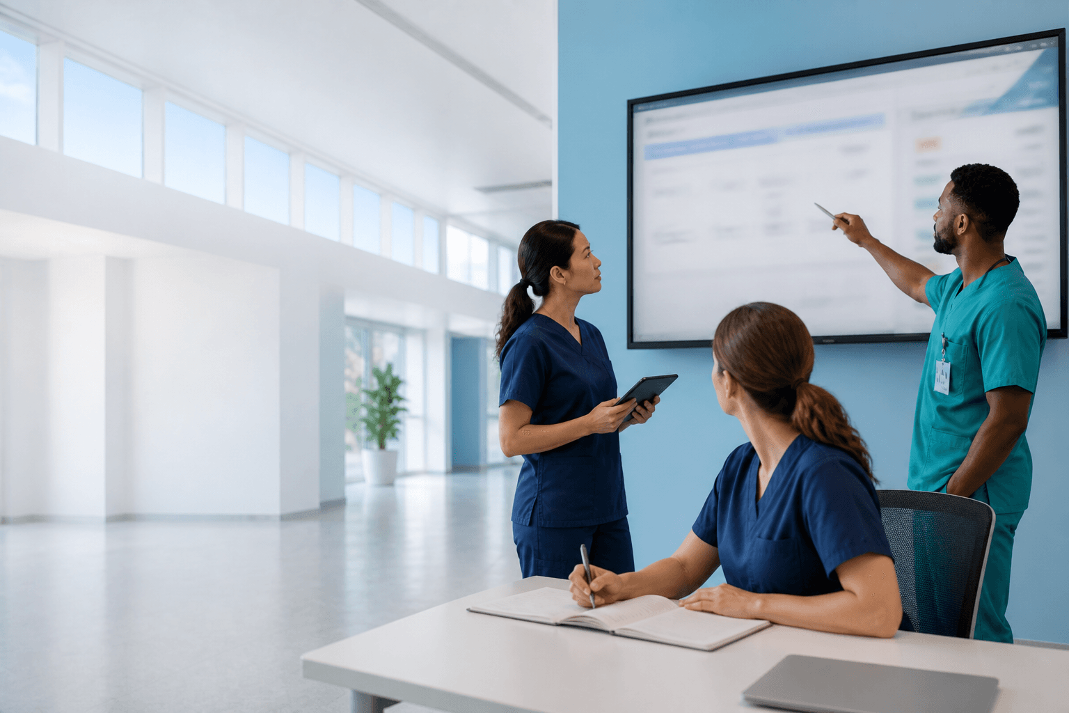 Clinicians reviewing platform capabilities on a wall display in a clinic training room.