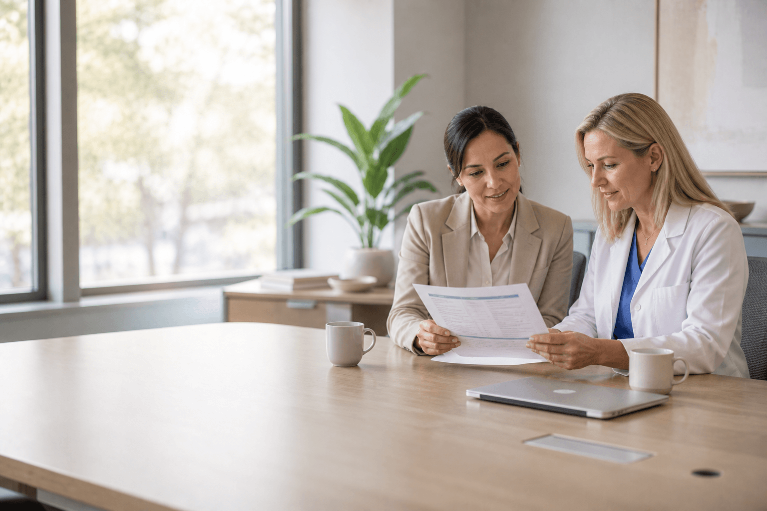 Practice administrator and physician reviewing pricing options in a clinic business office.