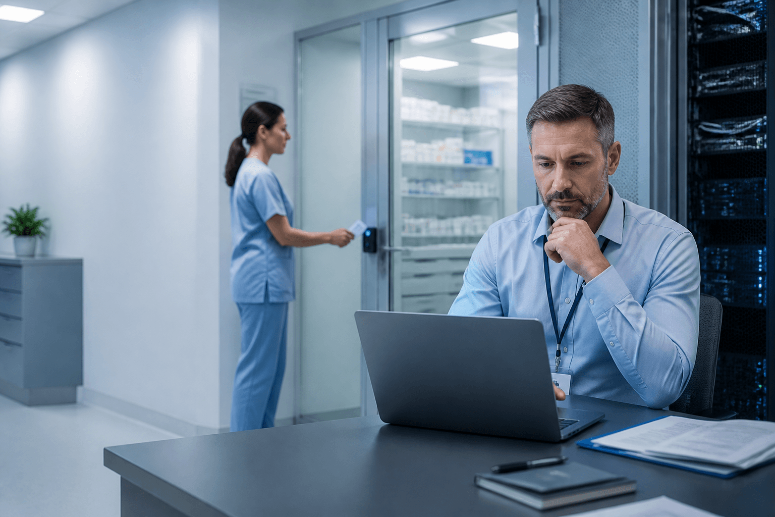 Clinical IT specialists reviewing encryption and access controls in a secure ops room.