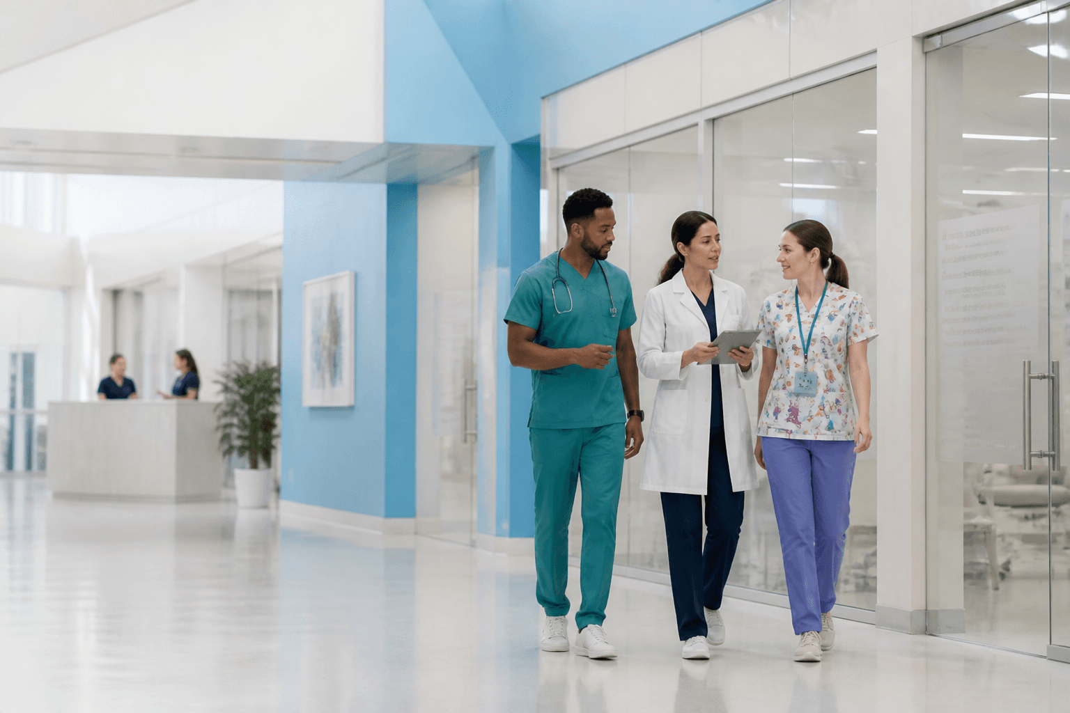 Multi-specialty clinicians coordinating in a modern outpatient clinic corridor.