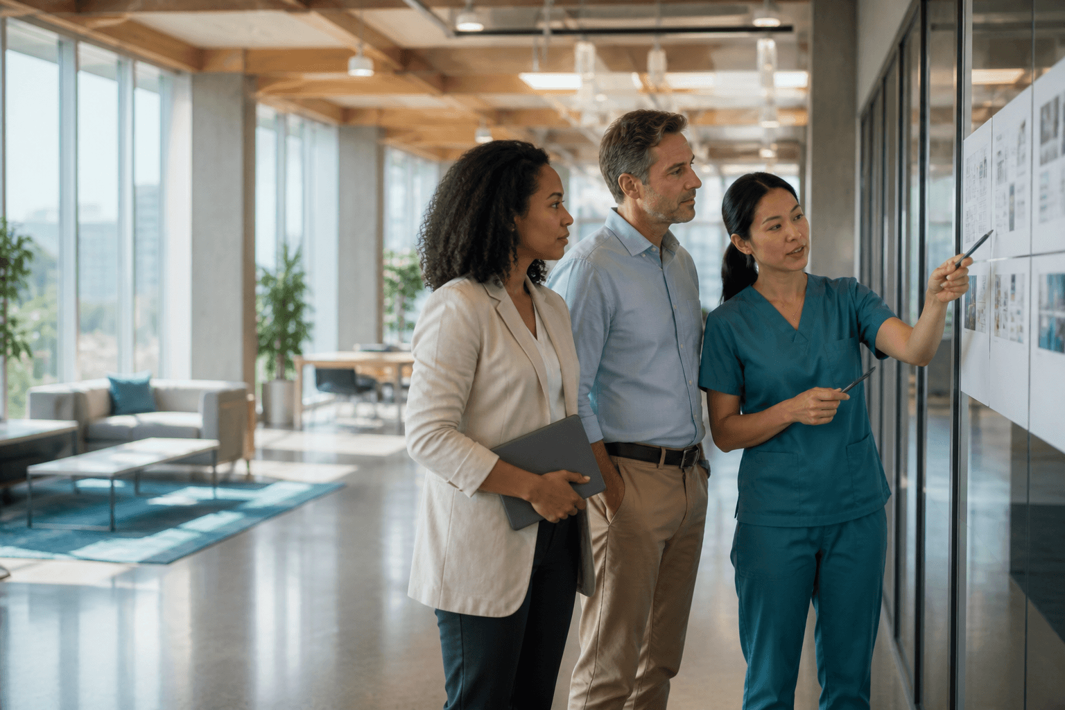 Product leaders and a clinician reviewing clinic workflows in a modern innovation loft.