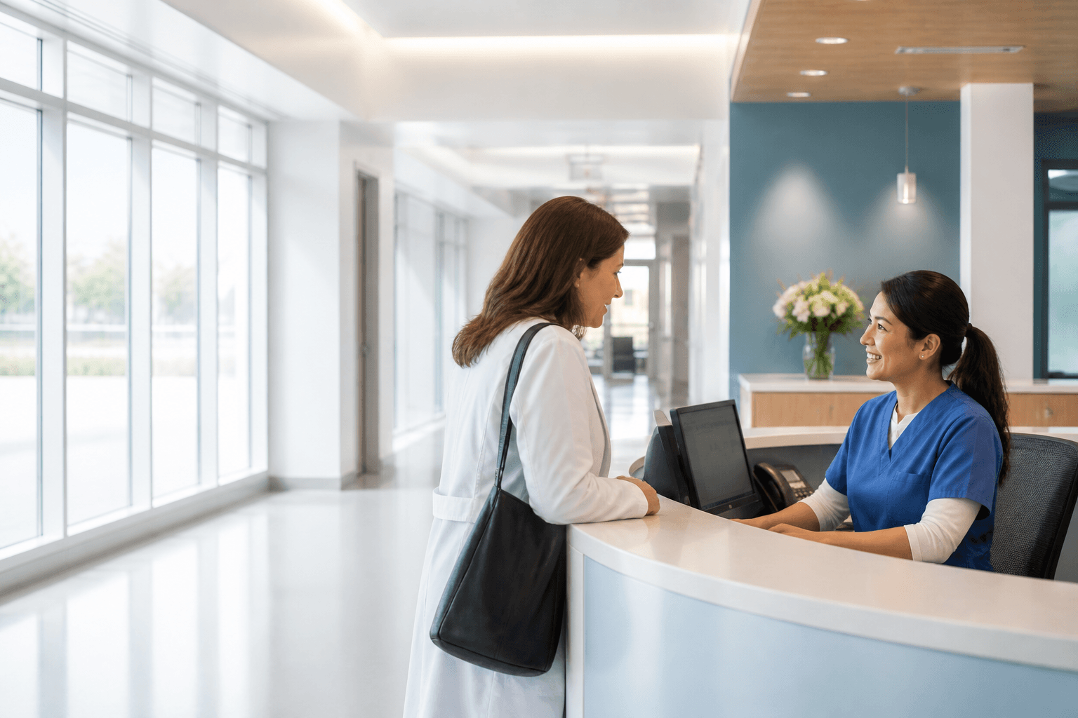 Clinical solutions specialist meeting with a physician in a modern clinic.