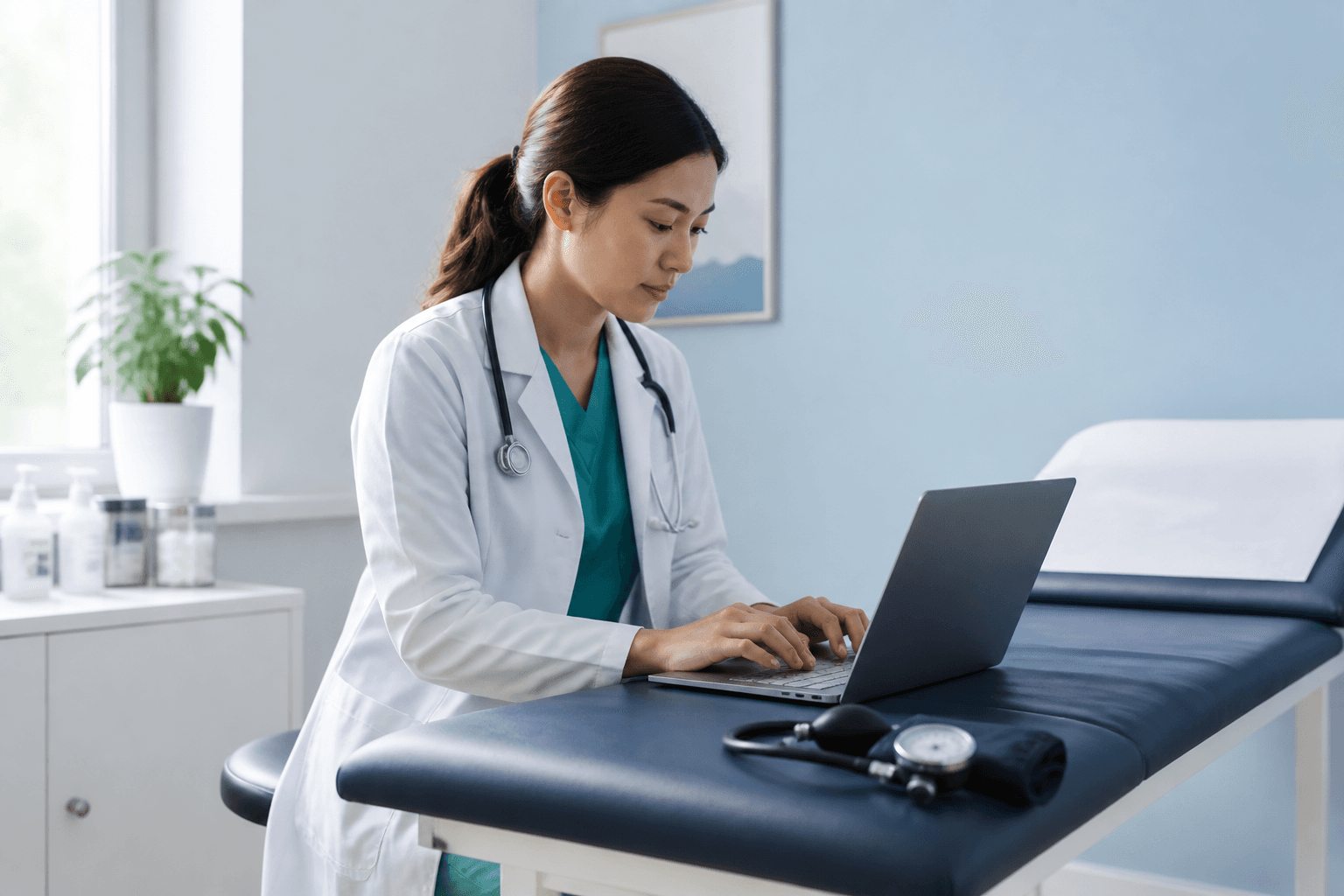 Physician documenting clinical notes on a laptop beside an exam bed.