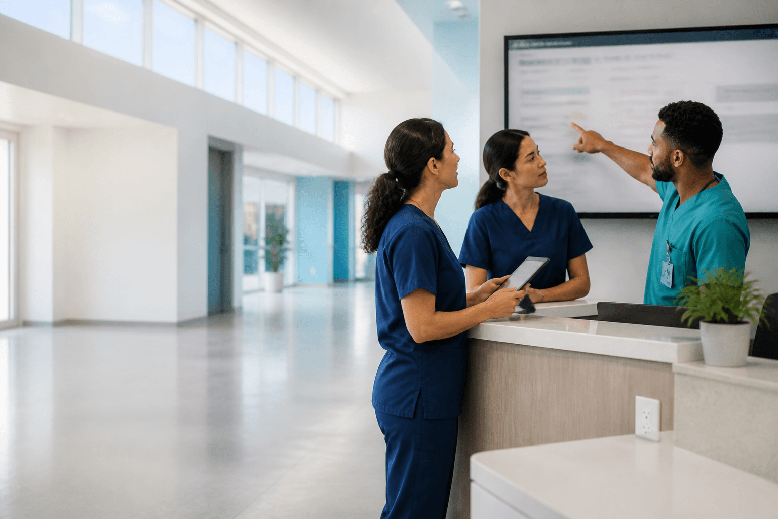 Care team reviewing clinical information together at a modern nurse station.